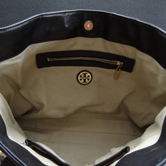 Tory Burch Black Leather T Tote Gold Bag Purse - Picture 5 of 8